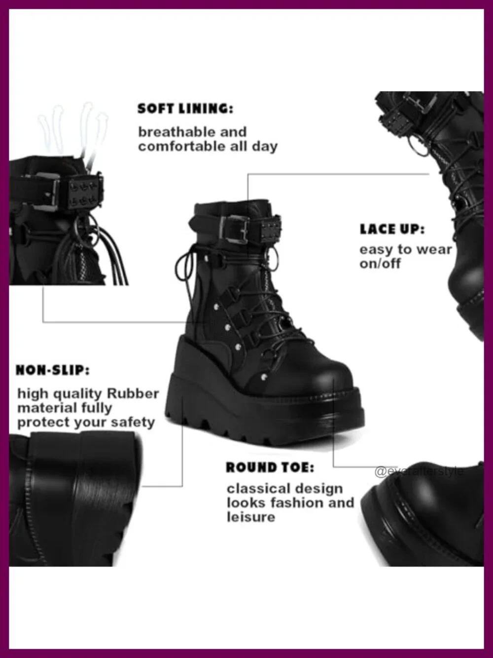 Women's Gothic Platform Ankle Boots with Wedge Heel, Vegan PU Leather Lace-Up